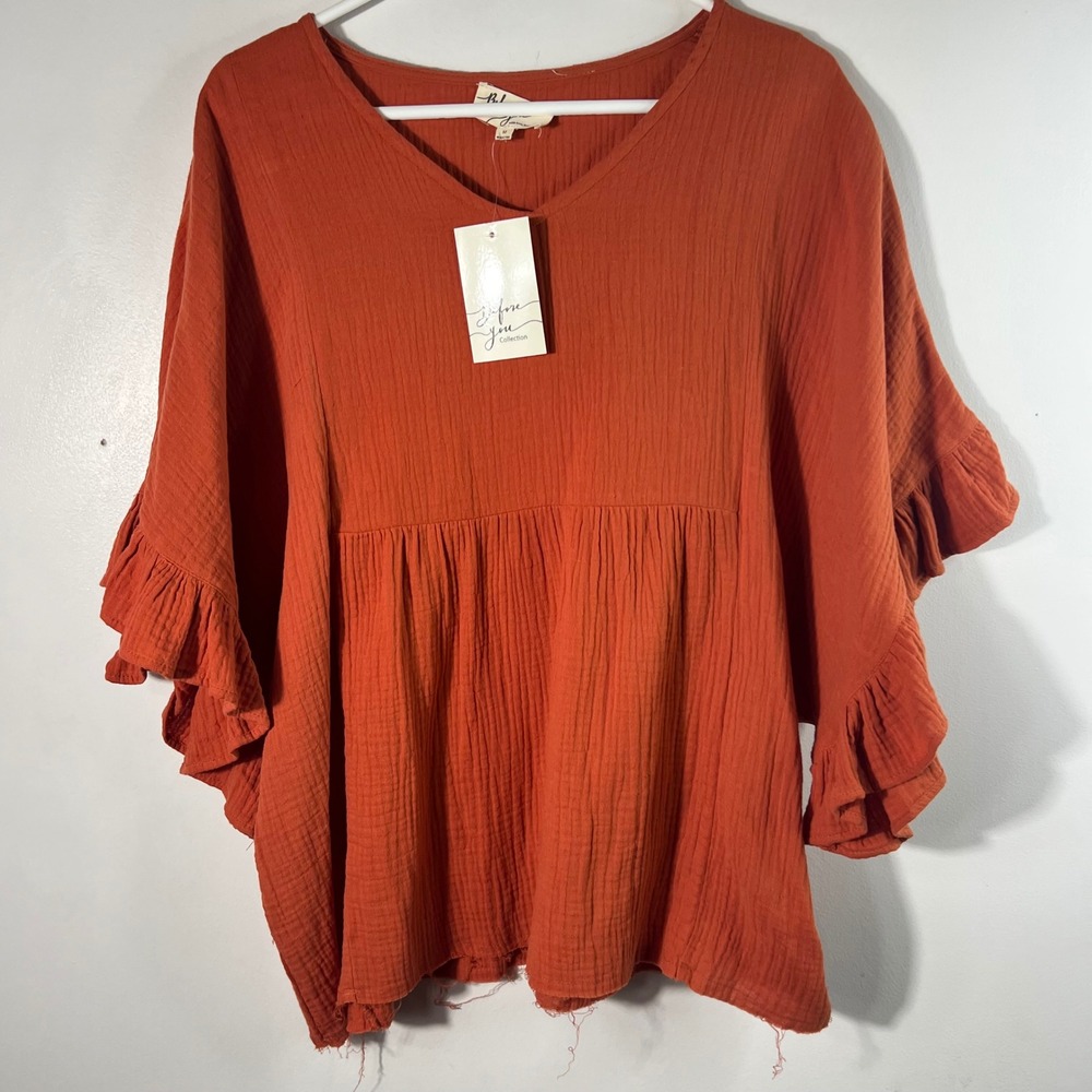 Before You Waffle Cotton Boho Top V Neck Wide Ruffle Short Sleeve Orange M NWT
